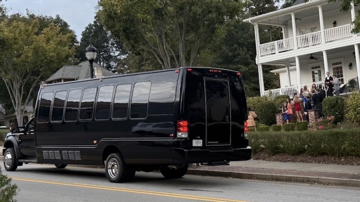 Party bus arriving for wedding transportation
