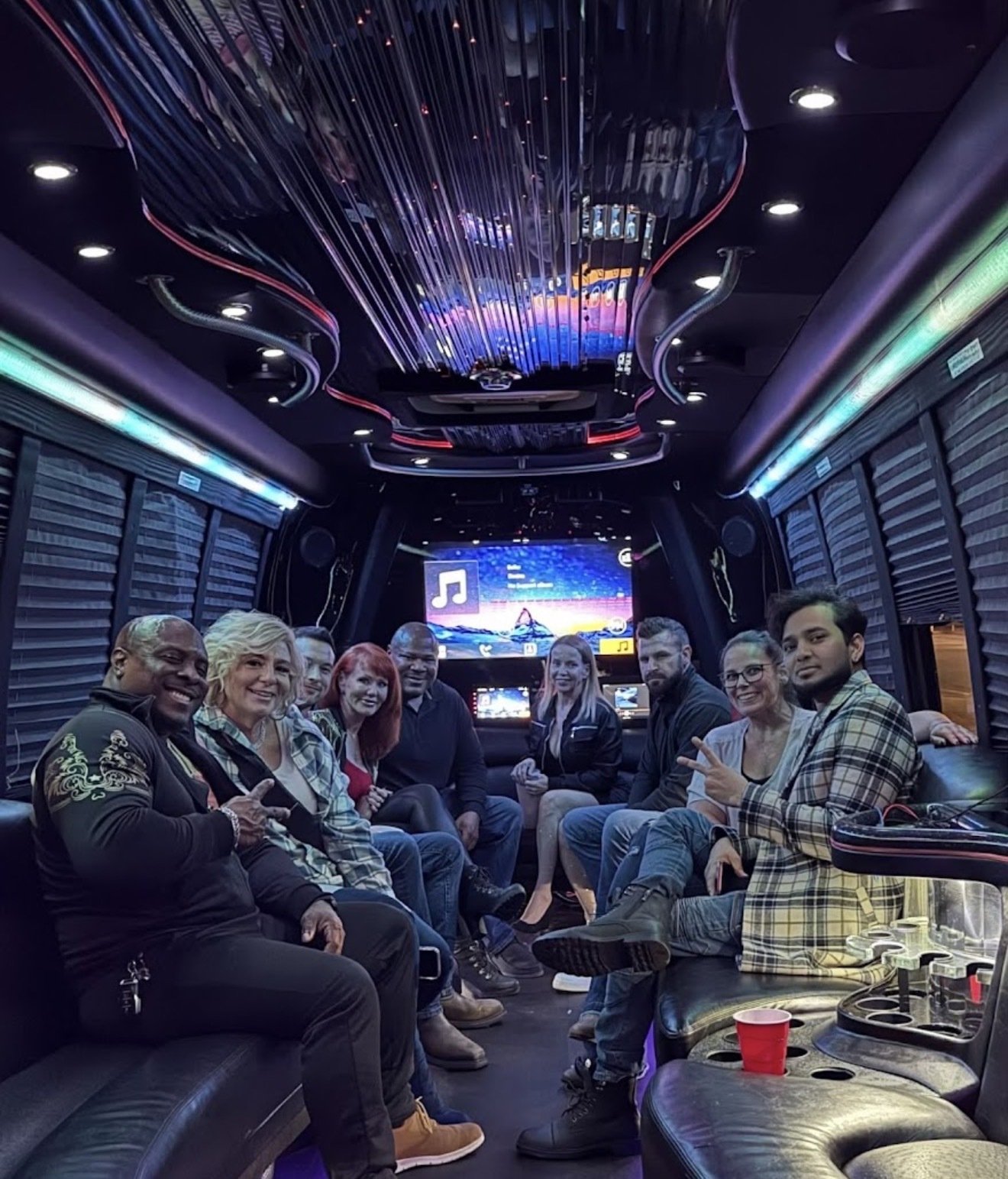 Wine Tours celebration aboard a Play-It-Safe party bus