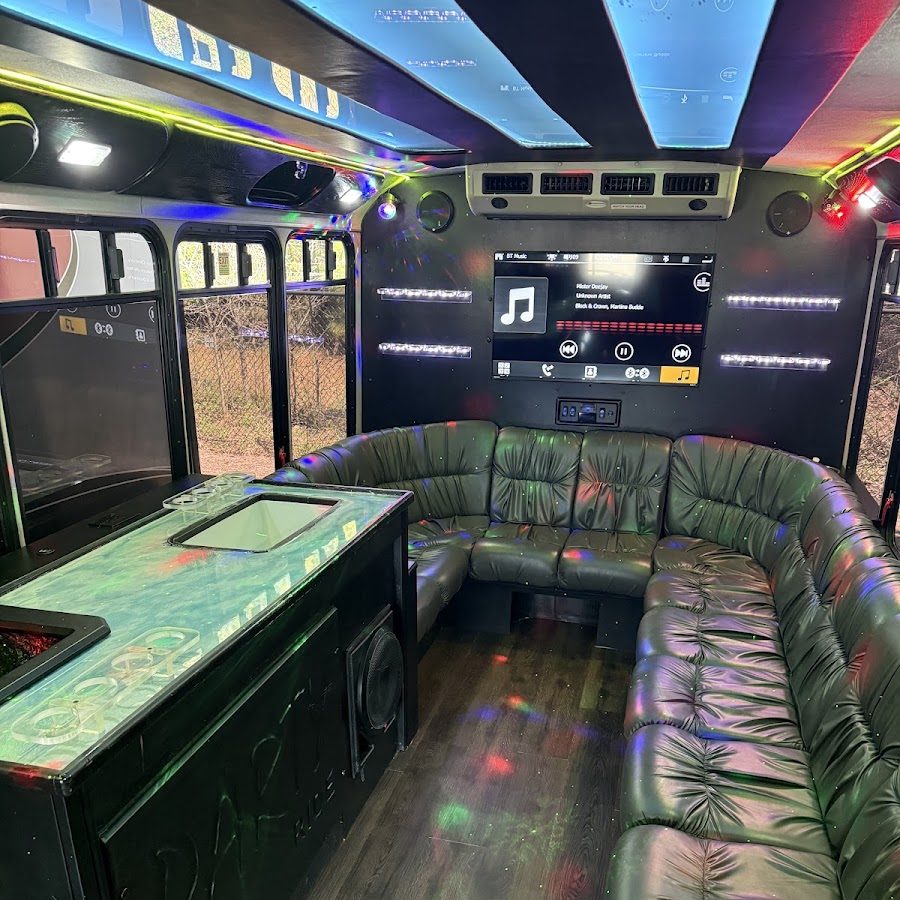 Party bus lounge seating and onboard bar
