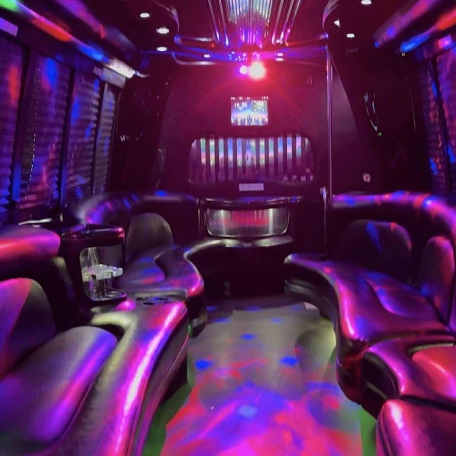 Nightclub-style lighting inside a Play-It-Safe party bus