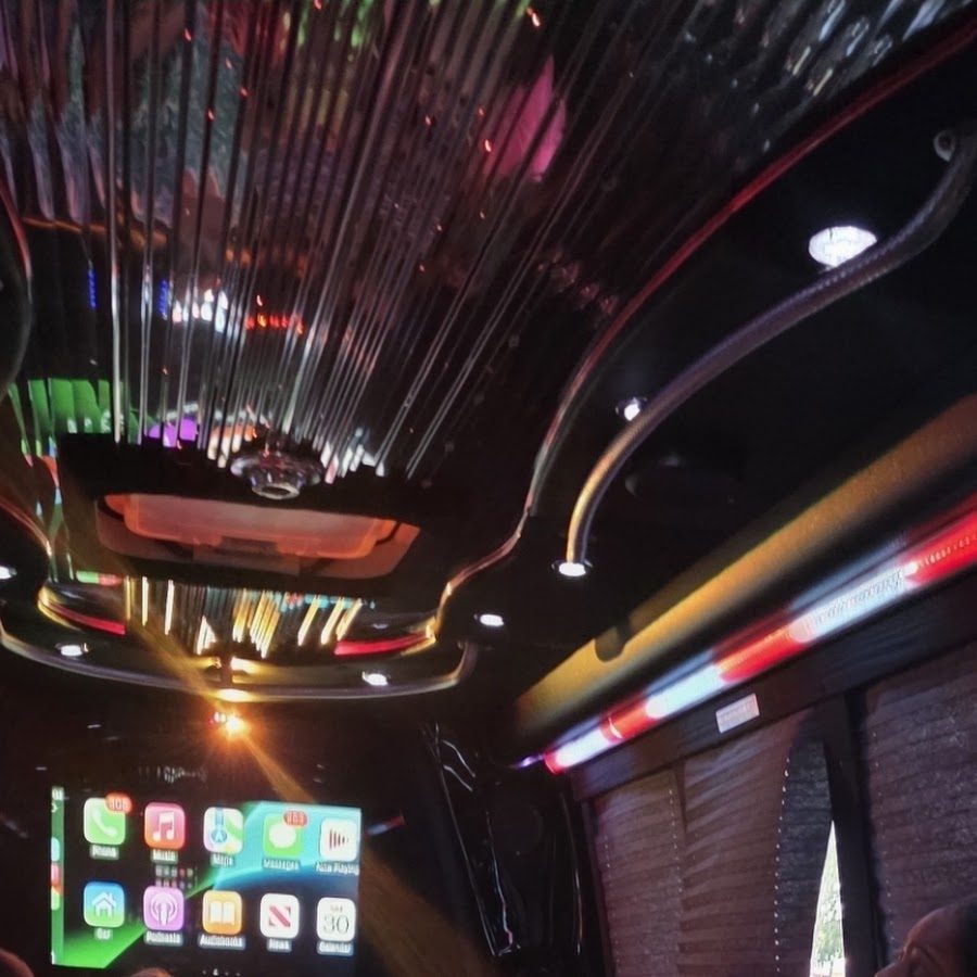 Party bus entertainment screens and lighting