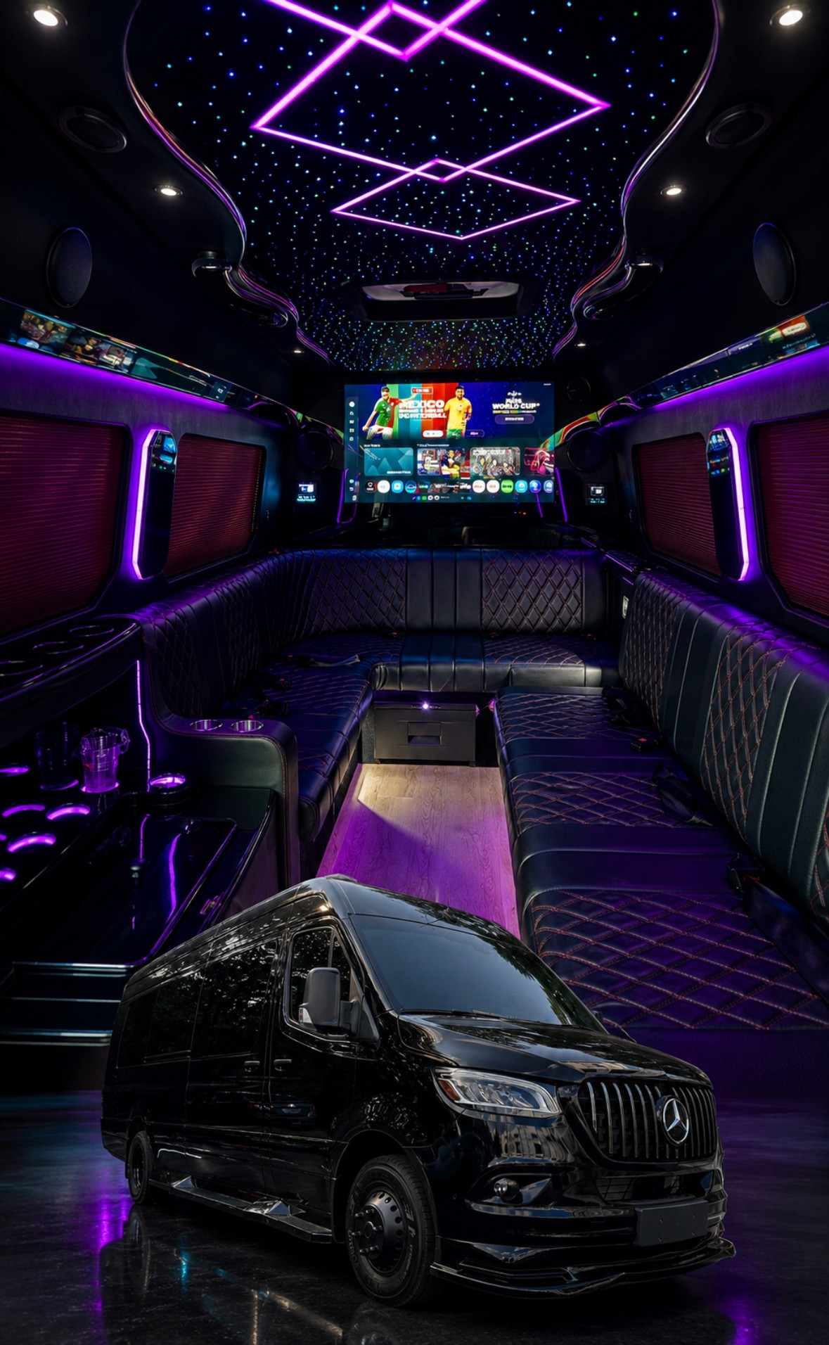 Interior and exterior of a 12-passenger Mercedes Party Sprinter