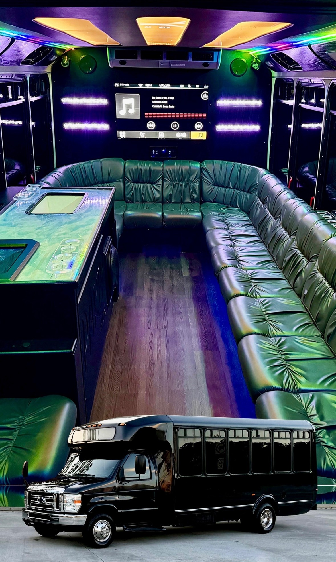 Interior and exterior of the Play-It-Safe 18-passenger party bus