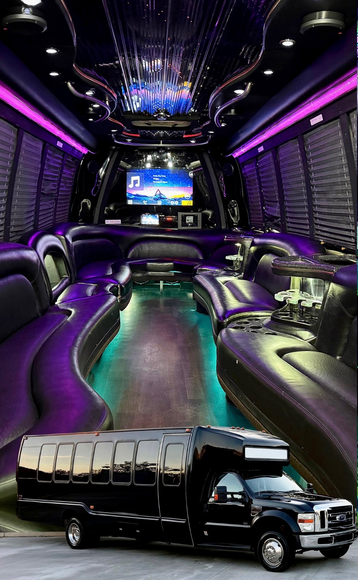 Interior and exterior of the Play-It-Safe 26-passenger party bus