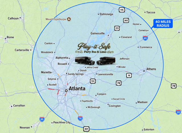 Play-It-Safe Party Bus & Limo 40-mile Metro Atlanta service area map